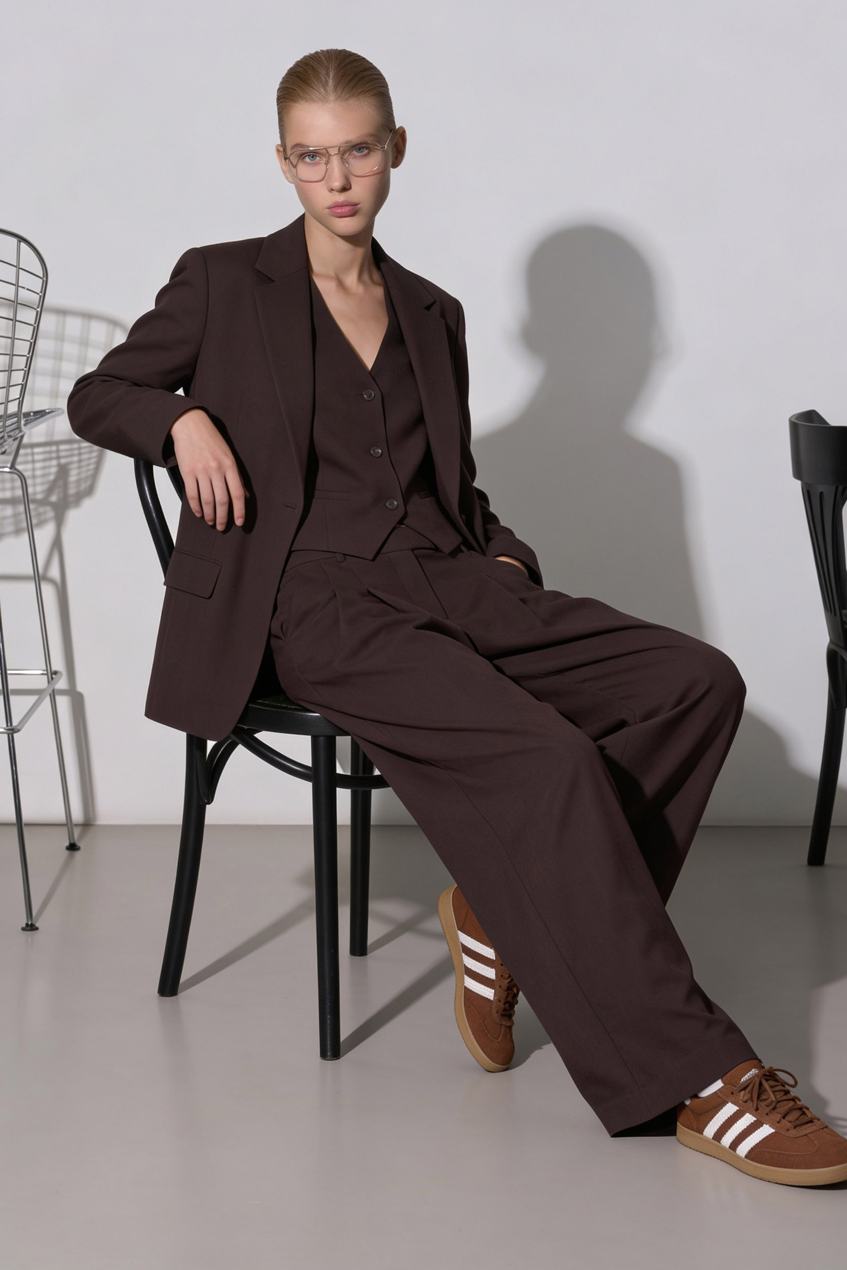 Modelka AI w eleganckim garniturze damskim